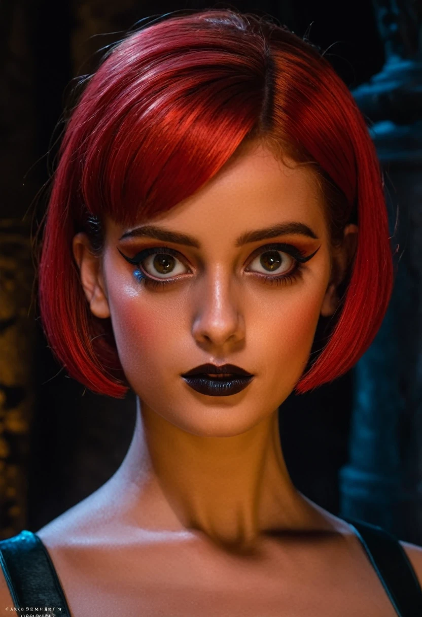[[(Close-up of the face: (young Hera Hilmar) (solo) with big eyes black makeup and a red short bob hair twins, ((pores / facial hairs)))((Agnolo Bronzino / Jerry-Pinkney style!!!))])):20]/[background:
 dark Renaissance, old canva, (noir night), ((bg style Carravagio:1,6))]/[two-color lighting, ((oil painting palette knife))((masterpiece)),((highest detail))]]