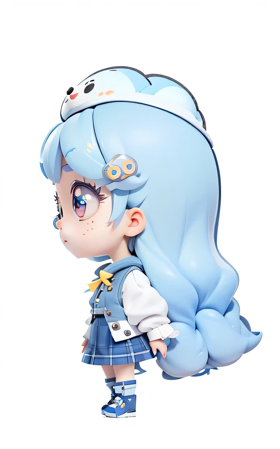 Blind box style girl IP,whole body,Cute chibi girl,Light blue hair,There is a rainbow cloud above her head,3D Pixar,Happy face,clay,She is wearing a suit,White sleeves,A plaid shirt on top and a navy skirt with stars on the bottom。She has rainbow eyes.,She also wore knee-high socks with stripes on the bottom and dark blue shoes.,chibi style,Octane Rendering,close up,Highly detailed