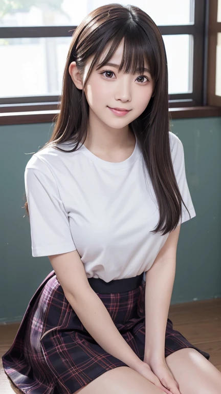 8K、Detailed Description、Very high definition、Realistic、reality的、Real、live-action、reality、High resolution、Nogizaka46、japanese idol,beautiful girl、21 years old、Dark brown eyes、School、Schoolyard、sunny、smile, closed mouth,Long Hair、Headband、Knee-up-top angle of view、School、Short sleeve shirt、Beige plaid skirt、Very black hair、pretty girl、Beauty、Glowing Skin、Glowing Skin、Shiny Hair、Very white skin、Heavy makeup、Large Breasts、Slit eyes、Big Eyes、Double eyelids、Don't show your teeth、Back view、look back