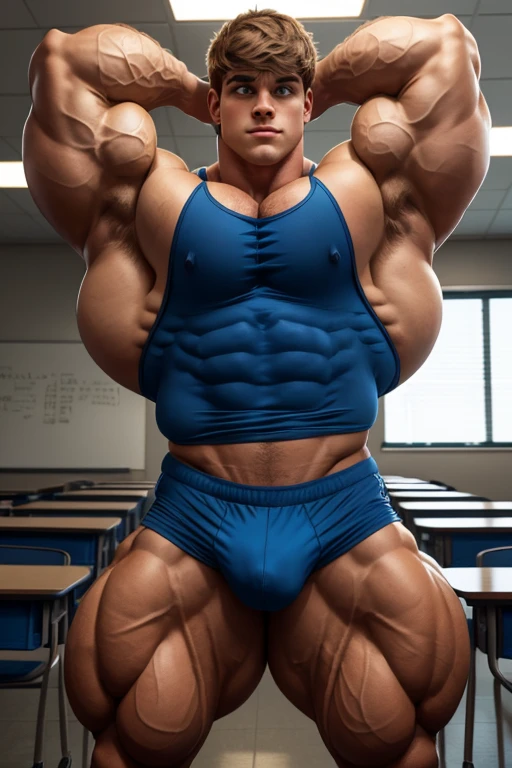 A normal young high school ager standing in a classroom full of dumb jocks with dull glassy-eyed stares flexes and stares blankly ahead with open mouth as his muscles grow bigger and tear out of his tight shirt, assimilating to become dumber and dumber until he is just another stereotypical dumb brainwashed bodybuilder jock bro in a class of dumb jocks as he flexes with his new classmates, saying, "Give in to the swelling tide. The dumb jock grows. The old nerd dies." in dull mindless voice as he becomes just another dull and glassy-eyed dumb jock bro. A less muscular student watches in horror, even as he starts to flex with them and his eyes become dull as he starts to become bigger and dumber, too. Hyper muscles. Big biceps. Big triceps. Big traps. Broad shoulders. Massive pecs. Strong abs. Bulging crotch. Hyper bulge. Bro. Brain to brawn. Brute. Assimilation. Hypnosis. Brainwashing. Dumber and dumber. IQ drain. Compression gear. Hairy armpits. Bigger. Dumber. Hypnotized. Brainwashed. Open mouths.