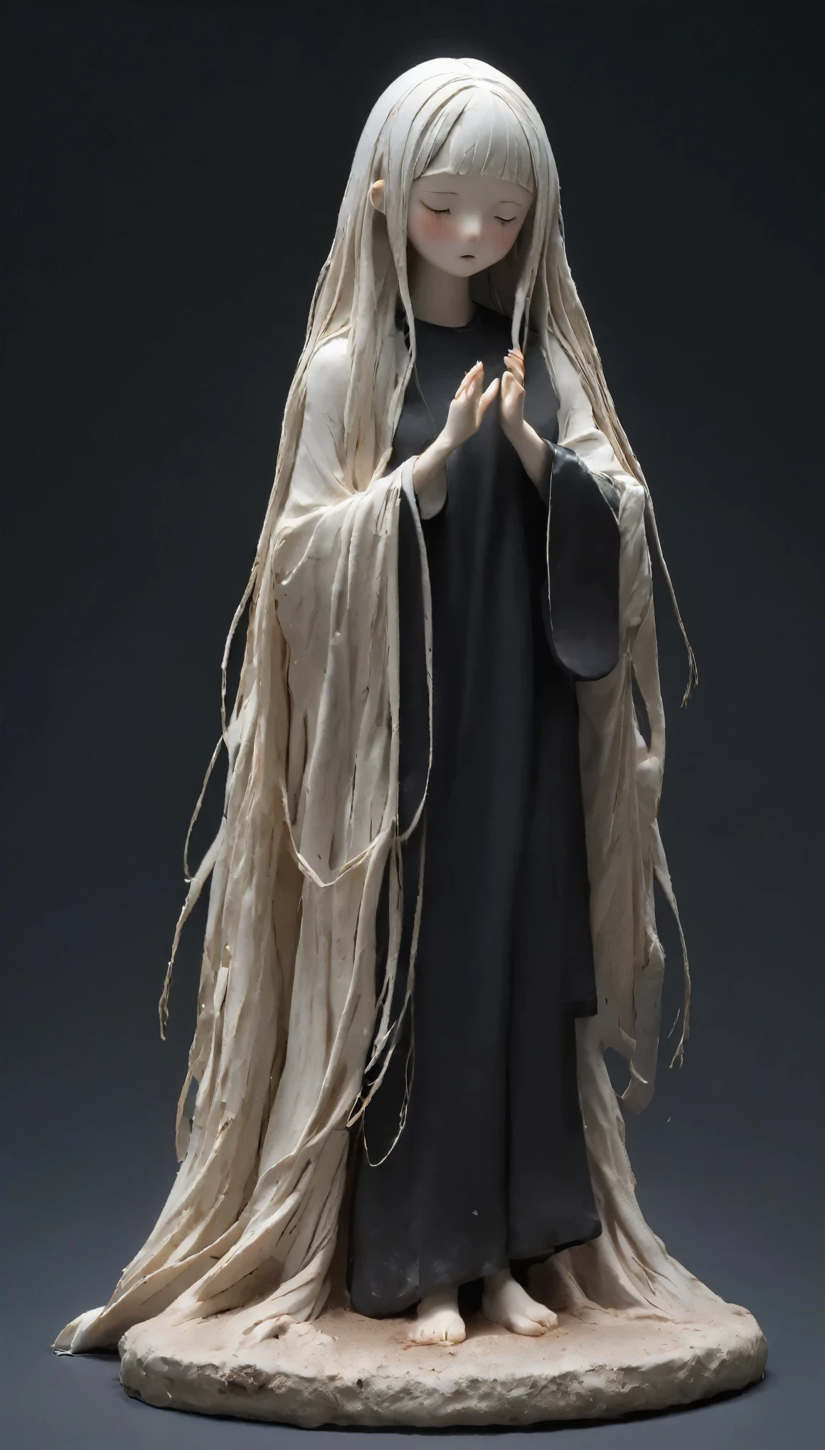 (highest quality:1.2),ultra-light clay, woman, womanの身体,Long Hair, Kind expression, close your eyes, barefoot, clay, Pottery, Thin fabric, Confused, dirty, mineral pigments, 3D clay sculpture art, clay sculpture, Rough surface, (slope,slope background,Jet black background,Eat food,alone,Are standing)