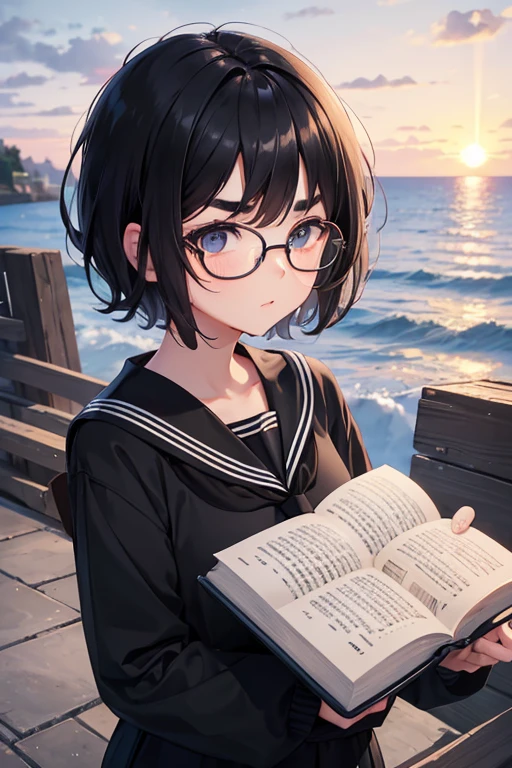 childhood friend,Short Hair,Black Hair,Thick eyebrows,Single,{masterpiece},{high quality},{Super detailed},{Perfect Face},Black Sailor Suit,book store,sunset,Round Glasses,I'm staring at you