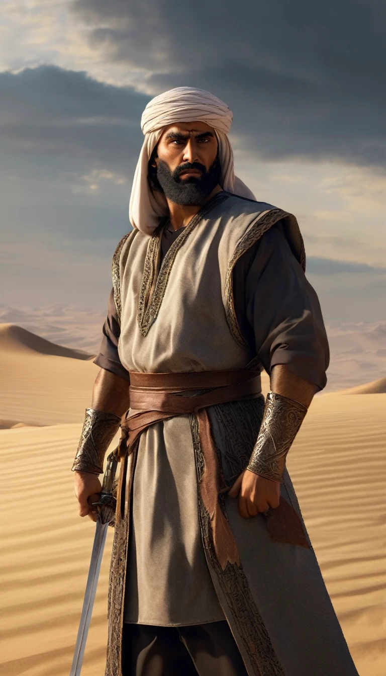 Full body, Create an image of Khalid ibn Al-Walid as a legendary figure, standing with his sword raised high, A desert landscape, highlighting his lasting legacy and impact on history, detailed face, detailed face expressions, natural face expressions, face in detail, asymmetrical faced, fair and smooth skin, detailed hands, detailed fingers, masterpiece, cinematic lighting, physically based rendering, lens flare, award winning rendering, perfect rendering detail, 8K, realism, detailed background, everything in detail, cinematic shot, dynamic lighting, 75mm, Technicolor, Panavision, cinemascope, fine details, 8k, HDR, realism, realistic, key visual, film still, superb cinematic color grading, depth of field,