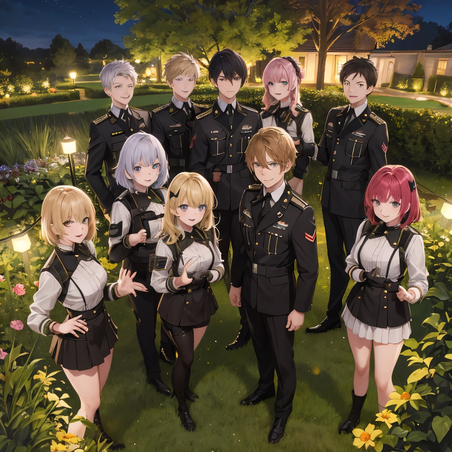 7 People,smile, girls and boys,Clap, wearing army uniforms,30 years old, different hairstyles, different hair colors, different hair styles, different eye colors, ultra detail, ultra HD, garden background,standing,half body photo ,at night