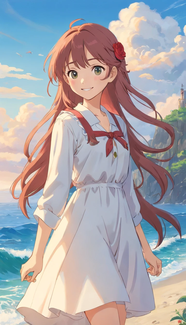 (masterpiece, best quality:1.2), cowboy shot, solo, 1girl, mistralrose, smile, looking at viewer, white casual dress, long hair, sea scenery