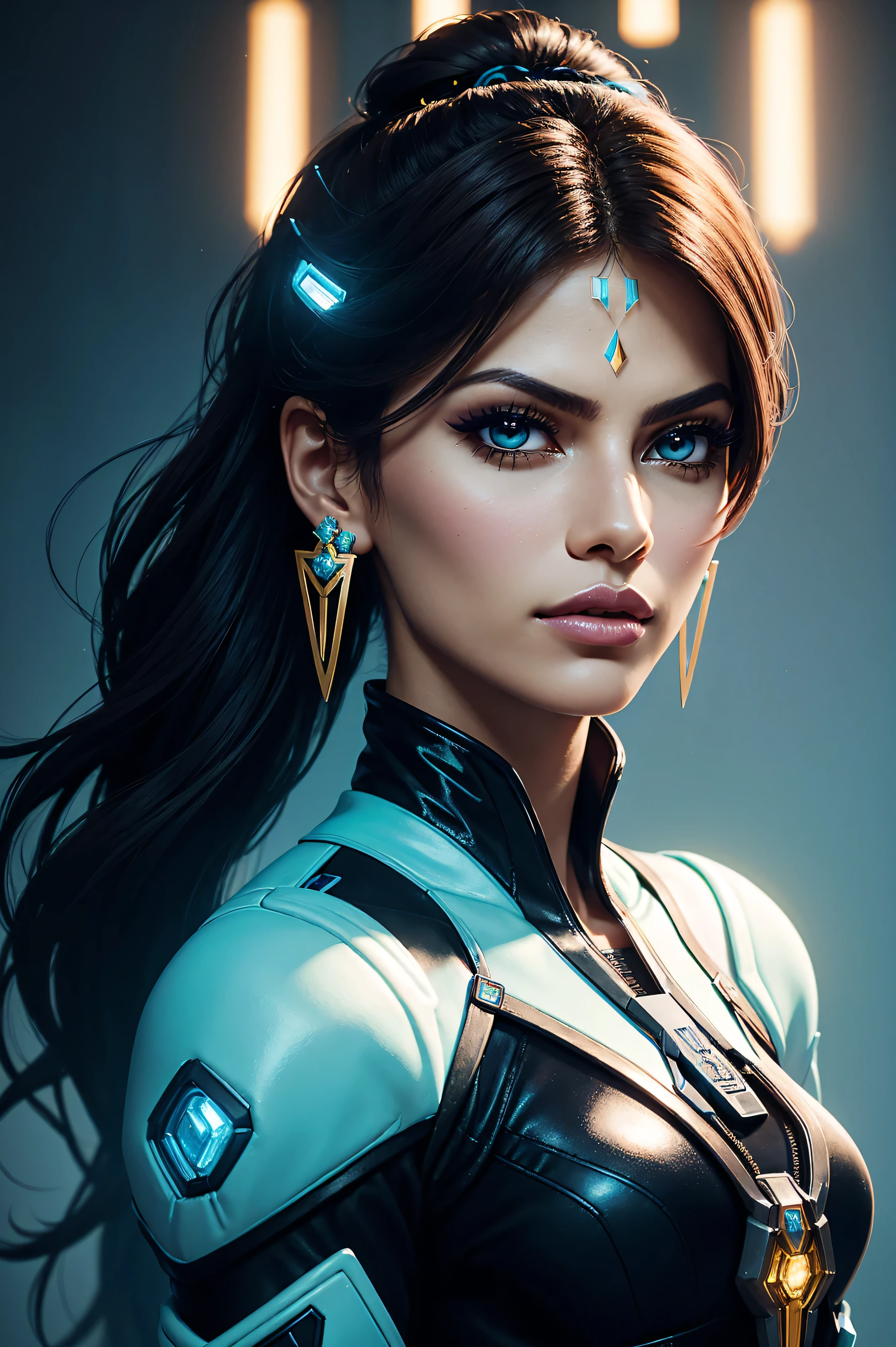 A beautiful portrait Eva Mendes artist all pastel sleek futuristic outfit, with chandelier earrings, clean makeup, with depth of field, fantastical edgy and regal themed outfit, tracer from overwatch, captured in vivid colors, embodying the essence of fantasy, minimalist