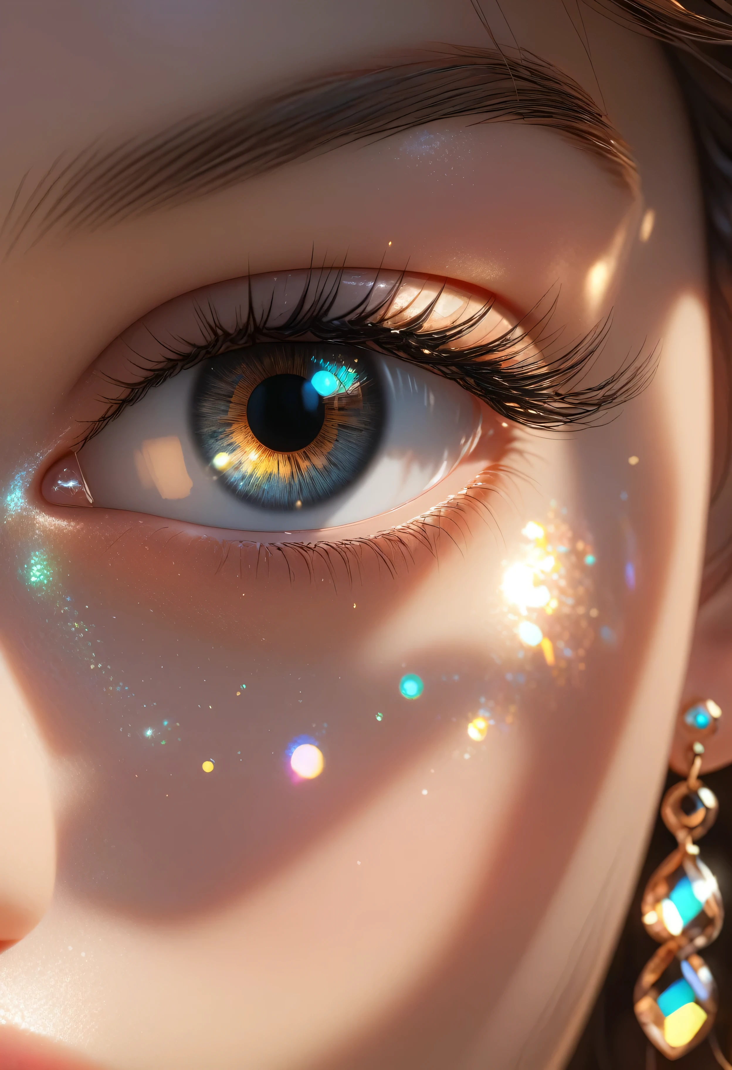 detailed eyes, Perfect features, (masterpiece), (best quality), moist skin, shiny skin, glossy skin, (good quality), intricate details, earrings, Ray Tracing, (See-through), (Bokeh), (Depth of field),