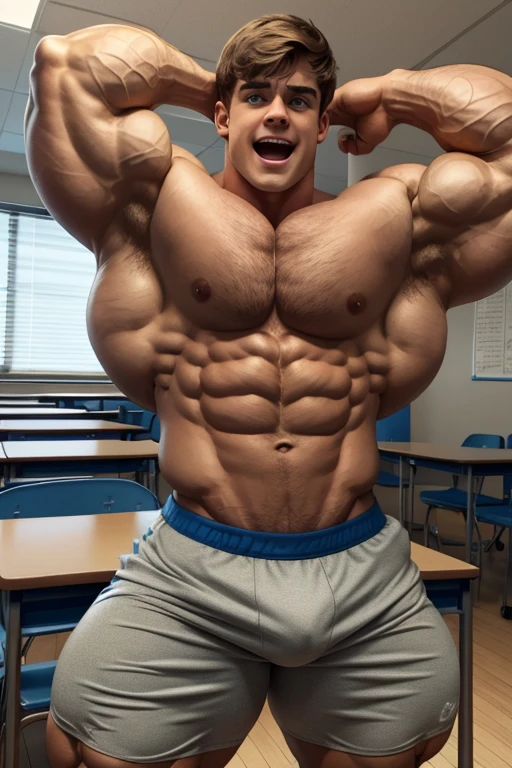A normal young high school ager standing in a classroom full of dumb jocks with dull glassy-eyed stares flexes and stares blankly ahead with open mouth as his muscles grow bigger and tear out of his tight shirt, assimilating to become dumber and dumber until he is just another stereotypical dumb brainwashed bodybuilder jock bro in a class of dumb jocks as he flexes with his new classmates, saying, "Give in to the swelling tide. The dumb jock grows. The old nerd dies." in dull mindless voice as he becomes just another dull and glassy-eyed dumb jock bro. A less muscular student watches in horror, even as he starts to flex with them and his eyes become dull as he starts to become bigger and dumber, too. Hyper muscles. Big biceps. Big triceps. Big traps. Broad shoulders. Massive pecs. Strong abs. Bulging crotch. Hyper bulge. Bro. Brain to brawn. Brute. Assimilation. Hypnosis. Brainwashing. Dumber and dumber. IQ drain. Compression gear. Hairy armpits. Bigger. Dumber. Hypnotized. Brainwashed. Open mouths.
