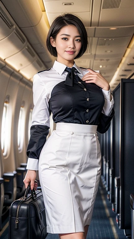 1beautiful womanl, 28years、hyperdetailed face、Detailed lips、A detailed eye、double eyelid、(Black bob hair、Smiling while walking gracefully down the aisle)、(Stewardess uniform:1.2)、(Glamorous body)、(Colossal tits)、((short-cut hair))、(large full breasts)(big butts)(Plump body)(plump body shape)( large full breasts)(Colossal tits)((J-Cup))、highs thighs thighs thighs, Perfect fit, Perfect image realism, Background with: (Business Class aisle on airplanes:1.2), Cowboy Shot, Meticulous background, detailed costume, Perfect litthing、Hyper-Realism、(Photorealsitic:1.4)、8K maximum resolution, (masterpiece), ighly detailed, Professional
