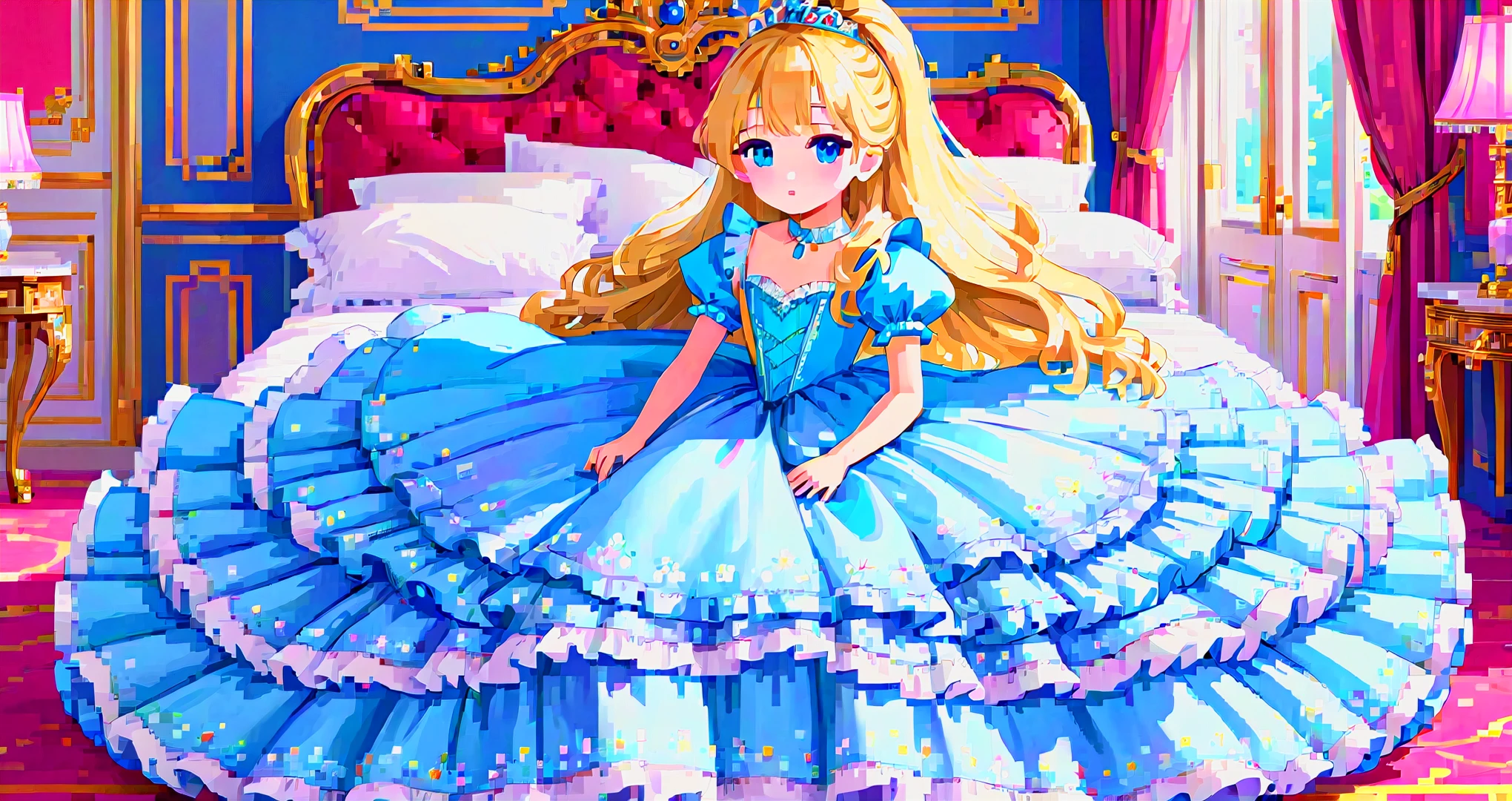 ,highest quality, masterpiece, highest resolution, artwork,,(( When I was 10 years old)),Super detailed baby face,Full length ball gown dress with hoop skirt,long skirt,ruffled yoke collar,puff sleeves,long blonde hair,blue eyes,white skin european,((inside the palace luxury bedroom)),canopy bed,luxurious curtains under the canopy,many frilly pillows on the bed,super detailed background,detailed bed,silk satin bed sheets,little princess is sitting on the bed,large ball gown dress that completely covers the legs,legs are hidden in the dress,Detailed pillow,Frilly pillows piled up behind the girl,