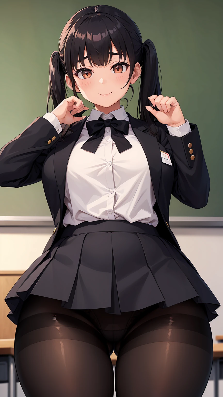 One girl, Five Fingers, mini skirt, Looking down at the viewer, Twin tails, highest quality, Focus on the thighs, Dynamic pose, smile, blazer, blouse, Black Pantyhose, panties under pantyhose,reg spread, classroom, Black Hair, Stylish pose,Thick thighs、My crotch is steamy 