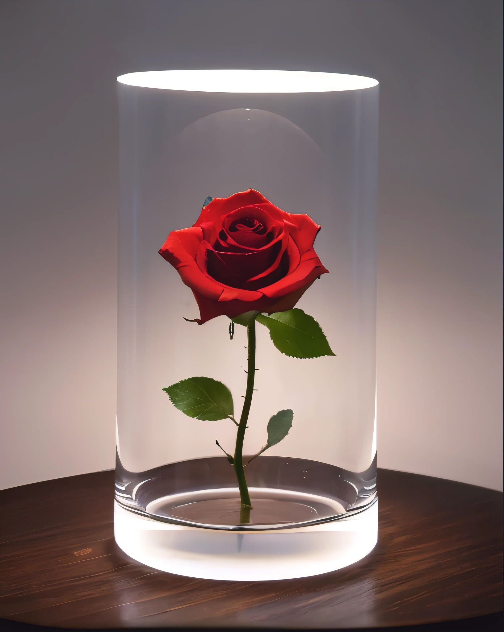 A masterpiece of the highest quality and extreme detail. In a bottle decorated with sophisticated high-tech equipment、A single transparent black rose is placed in the vase.。. State-of-the-art technology, Futuristic Art, A work of art never seen before on Earth. Zoom in. Vibrant, high-contrast colors. A black rose made with the ultimate DNA, It emits a mysterious rainbow aura and illuminates the space.. It's a creative atmosphere. Realistic, Like a real photo.
