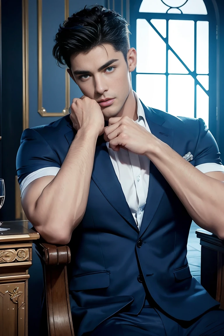 Ultra wide angle,((masterpiece)),((best quality)),8K,High Detail,Very detailed, 2 handsome muscular boys,Very manly,blue eyes,Stylish short hair,Vivid male image, fashion pose, masculine expression,Real skin texture, (Perfect hand details),Full and detailed hand details,Light,
Royal blue style couple,White male model photos