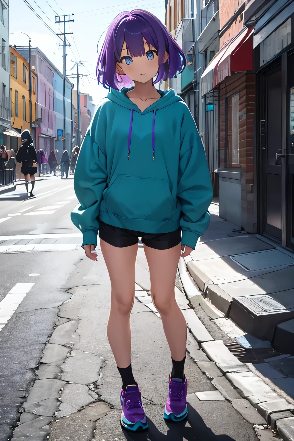 Vibrant purple hair that is short no longer than her shoulders, vibrant sparkling teal eyes, a teal oversized hoodie with a V on the left side, black shorts, teal shoes with long white songs. Full body image