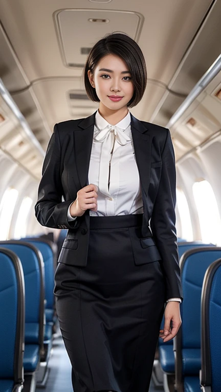 1beautiful womanl, 28years、hyperdetailed face、Detailed lips、A detailed eye、double eyelid、(Black bob hair、Smiling while walking gracefully down the aisle)、(Stewardess uniform:1.2)、(Glamorous body)、(Colossal tits)、((short-cut hair))。、thighs thighs thighs thighs, Perfect fit, Perfect image realism, Background with: (Business Class aisle on airplanes:1.2), Cowboy Shot, Meticulous background, detailed costume, Perfect litthing、Hyper-Realism、(Photorealsitic:1.4)、8K maximum resolution, (masterpiece), ighly detailed, Professional