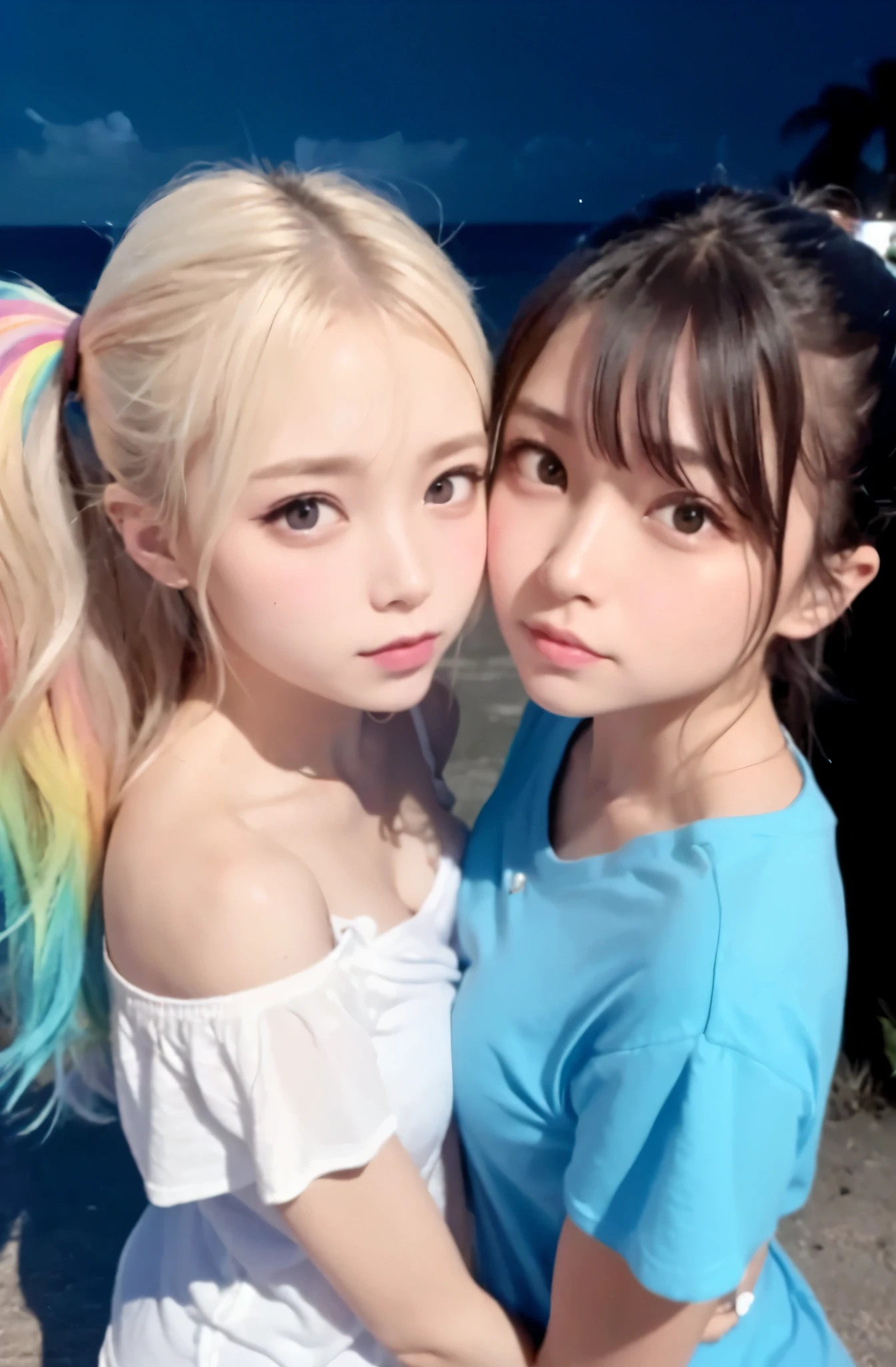 highest quality, super detailed, High resolution, 2 girls holding each other, beautiful face and evil eyes, little smile, high-ponytail in wind, ((sweat)), hold flat breasts from back, arms on breasts, rainbow colored t-shirt, bare shoulders, in seaside, at night, from front (((from above))),