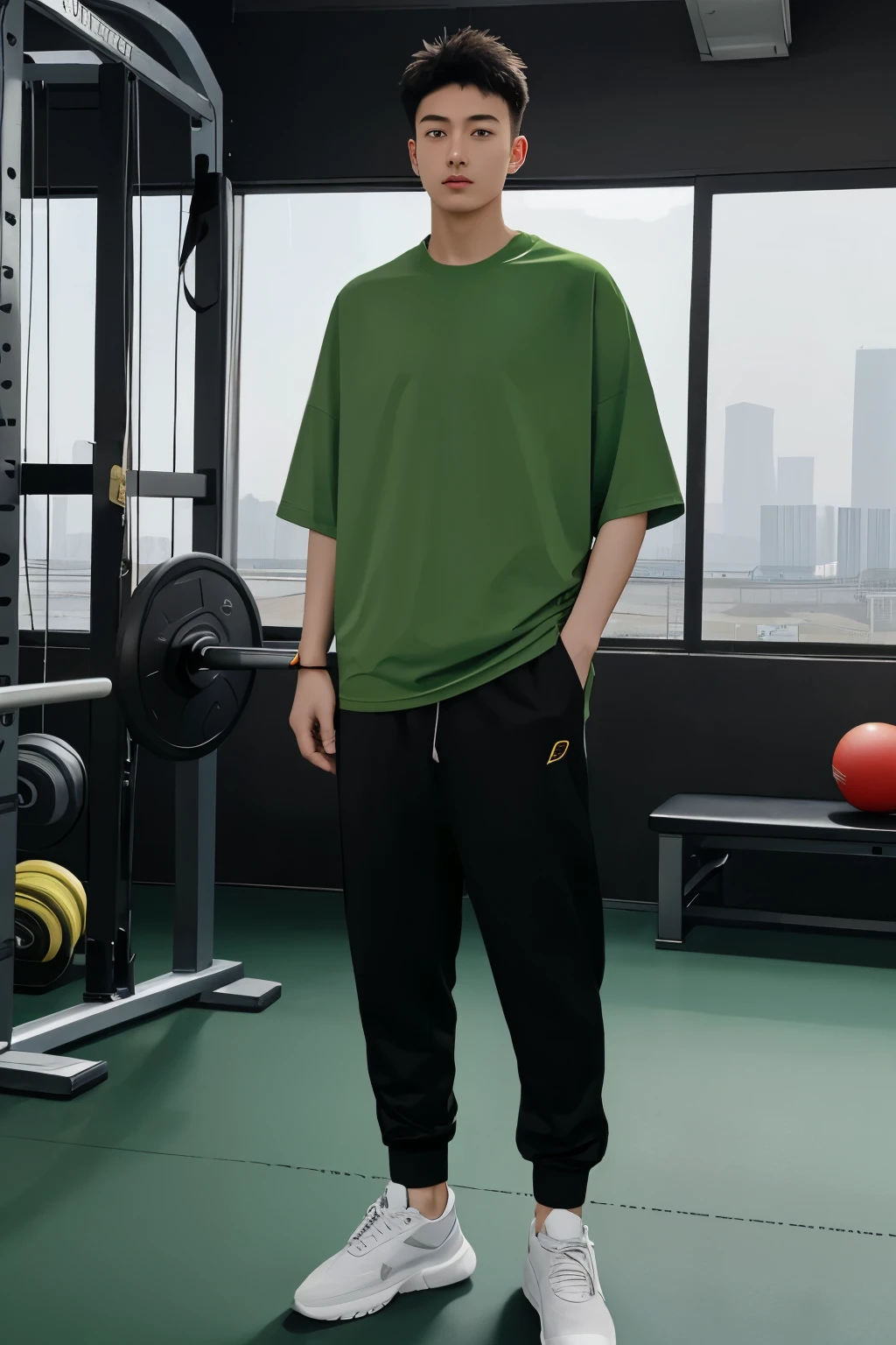 A Beijing young man in a oversize "green t shirt" and black Jogger trousers stands against a gym center background, full body, Height is 1 cm, sneaker,  