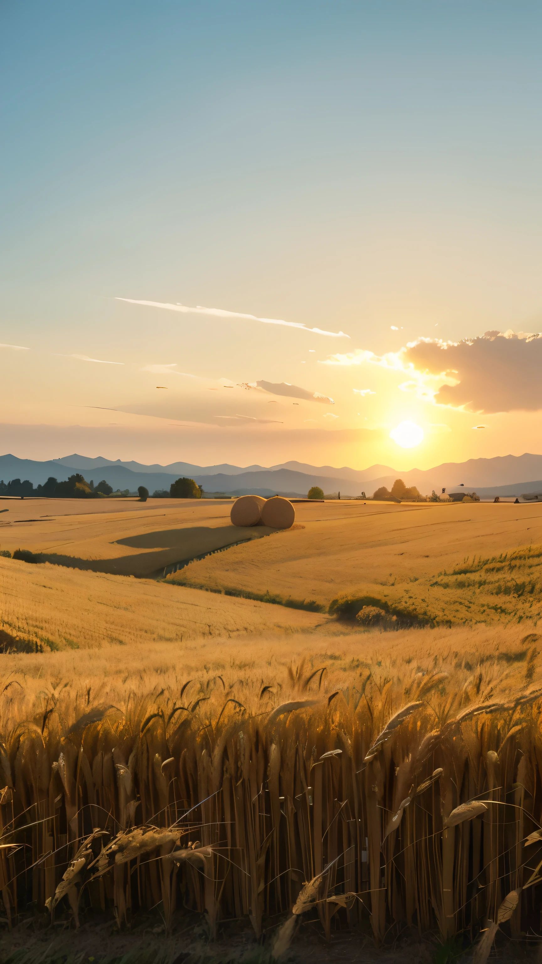 Rye field view,Minimalist style,Green wheat fields,Farmers harvesting wheat in the distance,Turn your back to the sun,The peasants wear straw hats,Golden Sunshine,Shining on people and wheat fields,Wheatfield Exhibition More Than Half,Blue sky in the distance、Distant Mountains,White Cloud,sun