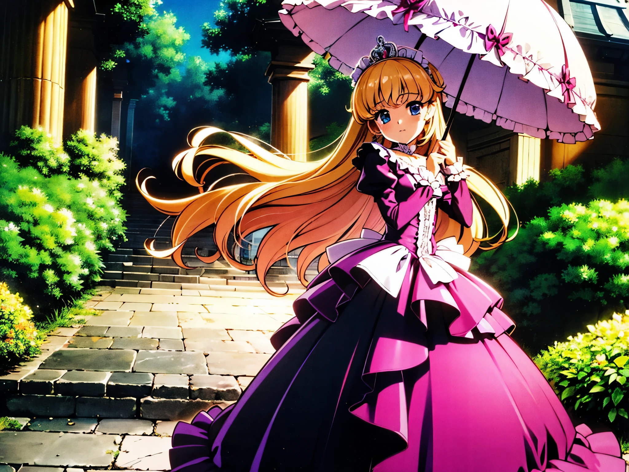 ,highest quality, masterpiece, highest resolution, artwork, super それにget used to it, many get used to it, get used to it, それにget used to it, 3K anime illustration,,((10 year old little girls)),Super detailed baby face,the girl is a princess,luxurious tiara,Full length ball gown dress with hoop skirt,ruffle yoke collar,puff sleeves,long sleeve,((lolita style hot pink princess satin dress、Comes with lots of frills and ribbons。)),colorful fashion,shiny satin dress,Soft and smooth fabric,luxury,long blonde hair,blue eyes,white skin european,She is holding a luxurious Victorian-style parasol with frills and ribbons.,holding a parasol with both hands,Walking through the gardens of European castles,A luxurious garden with lots of flowers,super detailed background,