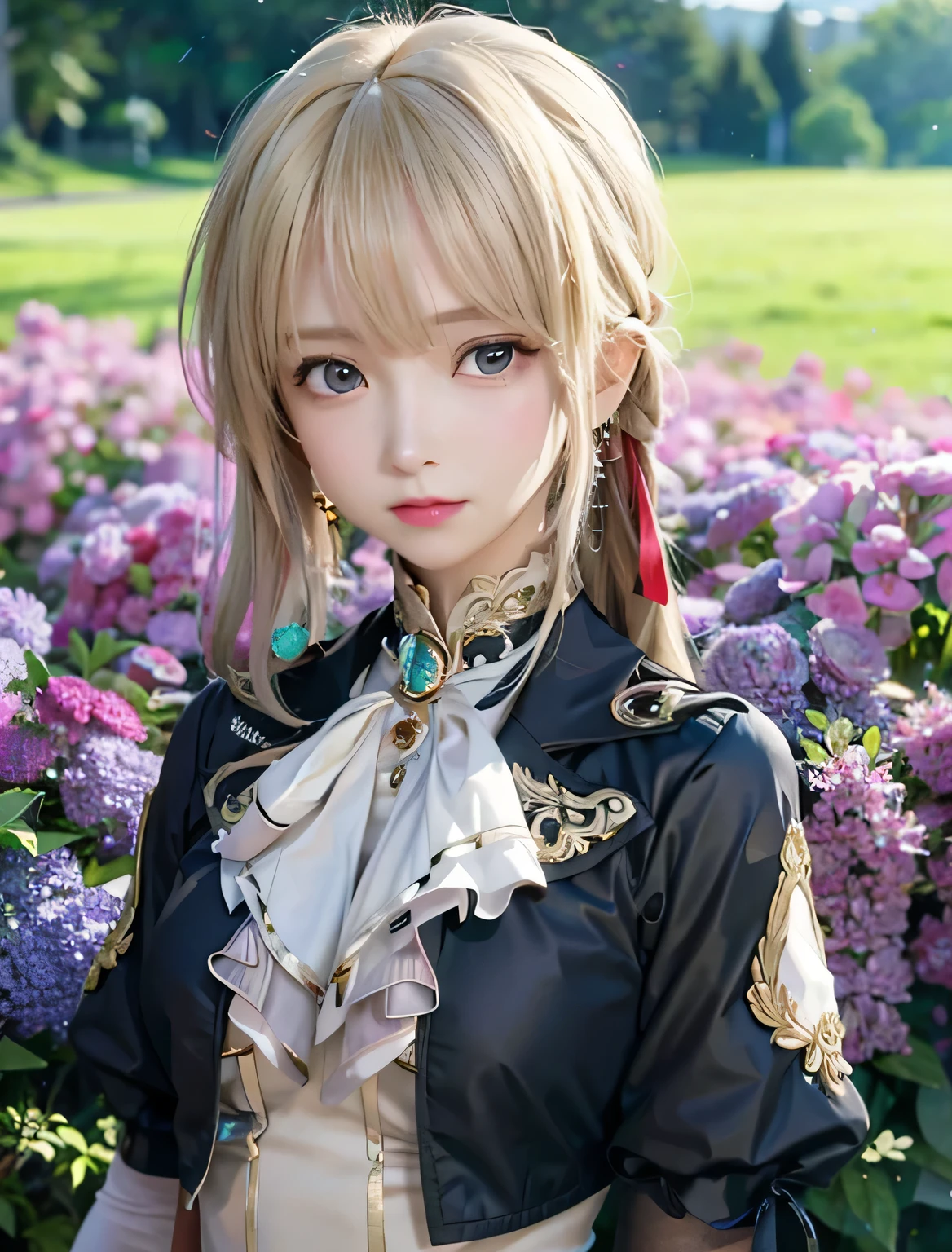 highest quality photography, Live-action adaptation of anime drawings, Masterpiece, 8k images, Subtle details, Shiny blonde hair, Back updo, Red ribbon, Cute girl in uniform, A large sparkling sapphire brooch, Very beautiful face, Cute face like a goddess, Delicate beautiful eyes, White skin, Accentuating body lines, Bust Sharp Hocus, No underwear, Natural Lighting, Plain white background