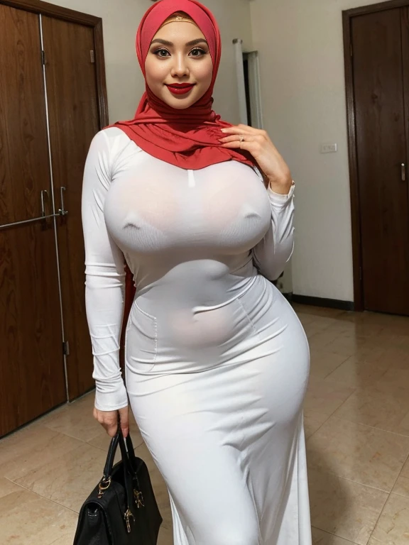 (double exposure), (full body photo), A gorgeous matured teacher stand behind wooden door,((35 year old)), ((malay women)), curvy fit body shape, bigger ass, giga_busty, huge thighs, round ass, protruding ass, wearing ((fitted white long sleeves baju kurung)), ((black hijab)), smirk, inside a mosque, wooden doow, wall, arabic calygraphy,  pov, solo, single,  ((SFW)), skin texture, ultra high res, RAW, instagram LUT, masterpiece, best quality, ultra-detailed, ultra high resolution, RAW, 4k, (looking at viewer), extremely detailed eyes and face, (beautiful detailed nose), (beautiful detailed thigh), (beautiful detailed eyes), perfect body proportion, (looking at the viewer), red lips, (black hijab)