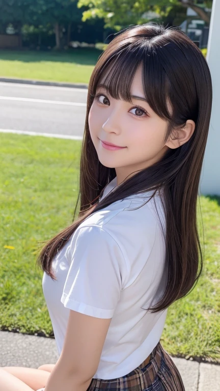 8K、Detailed Description、Very high definition、Realistic、reality的、Real、live-action、reality、High resolution、Nogizaka46、japanese idol,beautiful girl、21 years old、Dark brown eyes、School、Schoolyard、sunny、high angle,smile, closed mouth,Long Hair、Headband、Knee-up-top angle of view、Back view、look back、School、Short sleeve shirt、Beige plaid skirt、Very black hair、pretty girl、Beauty、Glowing Skin、Glowing Skin、Shiny Hair、Very white skin、Heavy makeup、Large Breasts、Slit eyes、Big Eyes、Double eyelids、Don&#39;t show your teeth、