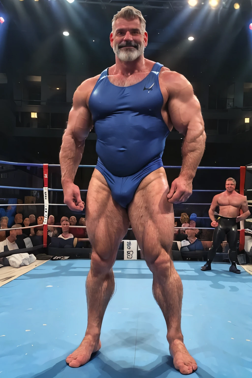 (handsome mature man), (50 yo), white man, wearing a blue pro wrestling singlet(leotard), spandex singlet, (beefy:1.3), leotard, hairy chest, in a wrestling ring, looking at viewer, beautiful man, detailed eyes, symmetric face, smirk, robust, greying hair, mustache, smile, sweaty body, (full body shot:1.7), nice bulge, nicebulge,