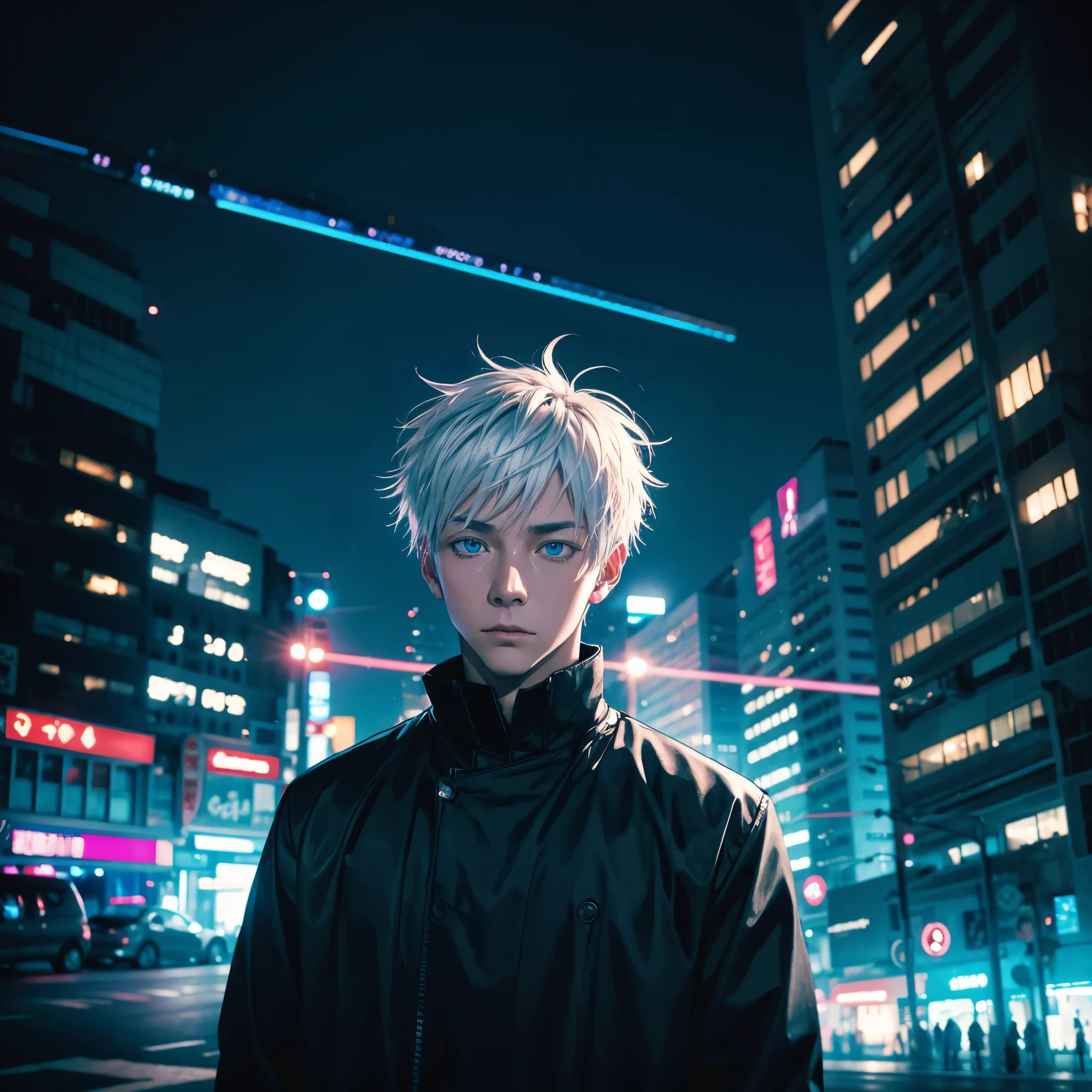 /imagine prompt: A portrait of Gojo Satoru, standing confidently, white hair flowing, blue eyes glowing, straight-on view. Background of a modern urban landscape at night. Neon lights reflecting off buildings, shadows enhancing his features, dramatic lighting, high contrast, hd quality, anime style, detailed line work, soft shading, dynamic lighting, vibrant colors, cinematic composition, --ar 2:3 --v 6.0