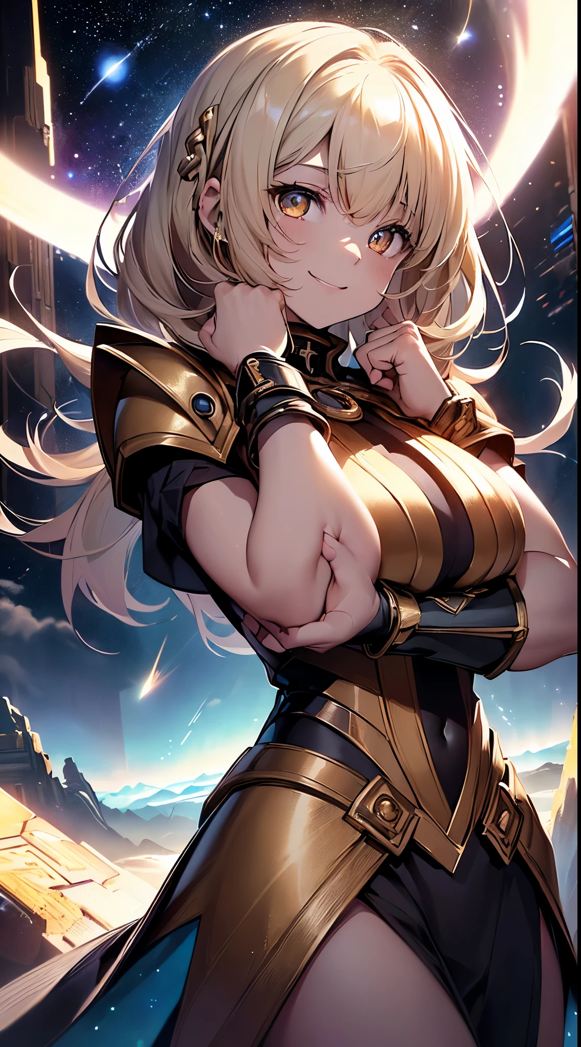 top-quality、Top image quality、masterpiece、girl with((18year old、Cosmic Metallic Armor、Best Bust、Bust 90、a blond、Semi-long、Glowing eyes、open chest wide、Valley、Happiness、Luminous Chain Accessories、Cosmic Accessories、weightless、fists up、The best smile、Laser from both hands,top down、Reflecting the whole body、Looking up at the viewer)hiquality、visualart、Background with(spaces、stele々、kosmos))、masutepiece、Best graphics、Super delicate