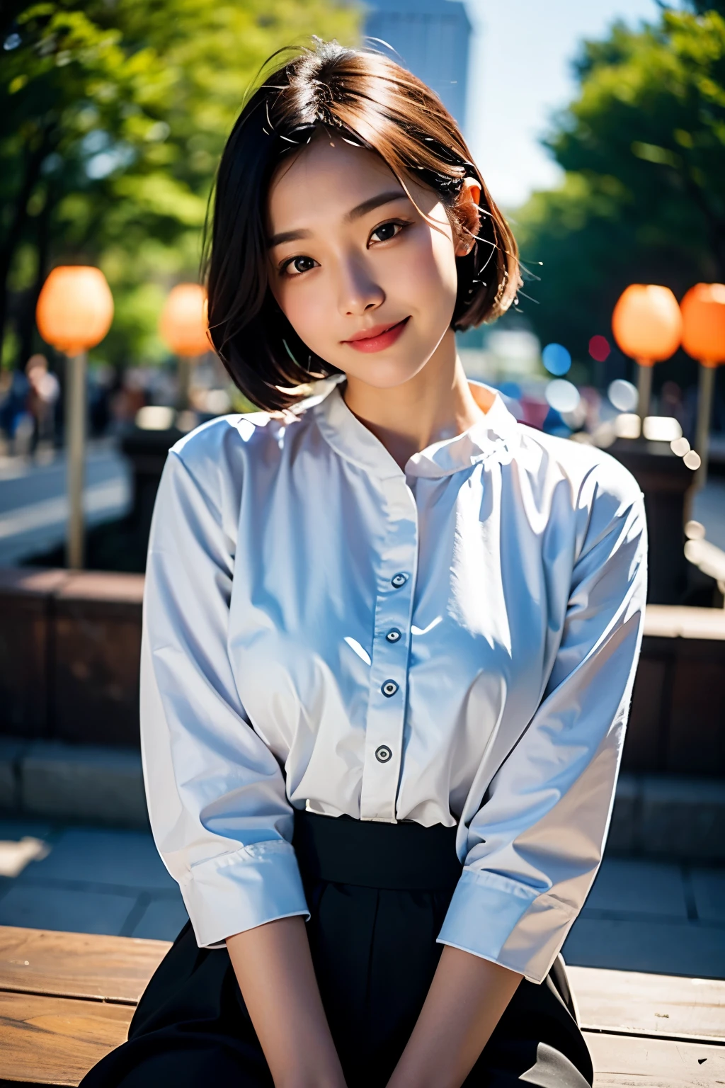table top, 1 beautiful girl, detailed, best quality, ultra high resolution, (reality: 1.4), original photo, 1 girl, sixteen years old, movie lights, soft light, smiling, Japanese, asian beauty, Short hair, The ends of my hair are blowing in the wind, forehead, Clean, very beautiful, Little young face, beautiful skin, slim, (초reality주의), (high resolution), (8K), (매우 detailed), (beautiful and delicate eyes), (매우 detailed), (detailed face), fine details, detailed face, A friendly smile, looking straight ahead, neat clothes, dark colored eyes, outfit (blouse), At the Museum of Modern Art, New York, New York, New York, The crowd of spectators, front facing the body,