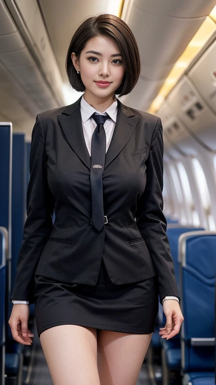 1beautiful womanl, 28years、hyperdetailed face、Detailed lips、A detailed eye、double eyelid、(Black bob hair、Smiling while walking gracefully down the aisle)、(Stewardess uniform:1.2)、((beautiful tie)) (Glamorous body)、(Colossal tits)、((short-cut hair))、（large full breasts）（big butts）（Plump body）（plump body shape）（ large full breasts）（Colossal tits）((J-Cup))、highs thighs thighs thighs, Perfect fit, Perfect image realism, Background with: (Business Class aisle on airplanes:1.2), Cowboy Shot, Meticulous background, detailed costume, Perfect litthing、Hyper-Realism、(Photorealsitic:1.4)、8K maximum resolution, (​masterpiece), ighly detailed, Professional