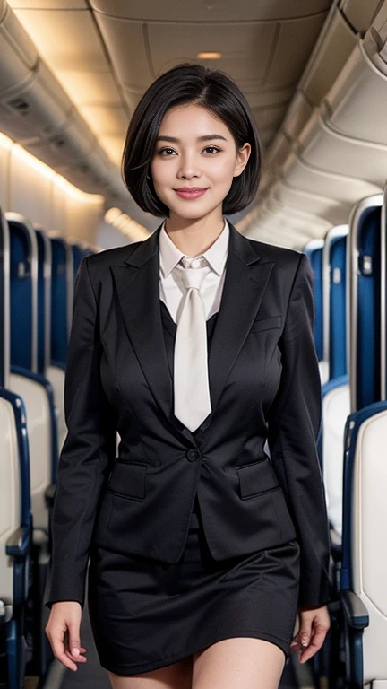 1beautiful womanl, 28years、hyperdetailed face、Detailed lips、A detailed eye、double eyelid、(Black bob hair、Smiling while walking gracefully down the aisle)、(Stewardess uniform:1.2)、((beautiful tie)) (Glamorous body)、(Colossal tits)、((short-cut hair))、(large full breasts)(big butts)(Plump body)(plump body shape)( large full breasts)(Colossal tits)((J-Cup))、highs thighs thighs thighs, Perfect fit, Perfect image realism, Background with: (Business Class aisle on airplanes:1.2), Cowboy Shot, Meticulous background, detailed costume, Perfect litthing、Hyper-Realism、(Photorealsitic:1.4)、8K maximum resolution, (masterpiece), ighly detailed, Professional