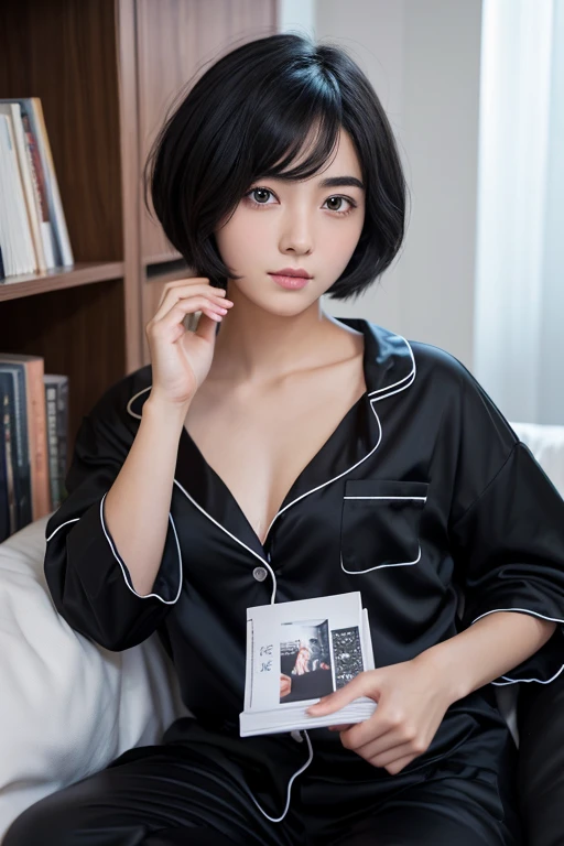 childhood friend,Short Hair,Black Hair,Thick eyebrows,Single,{masterpiece},{high quality},{Super detailed},{Perfect Face},Black pajamas, Writing a novel,room,midnight