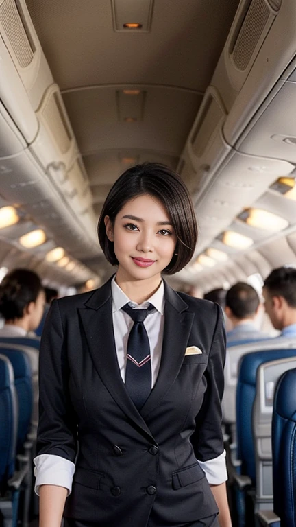 1beautiful womanl, 28years、hyperdetailed face、Detailed lips、A detailed eye、double eyelid、(Black bob hair、Smiling while walking gracefully down the aisle)、(Stewardess uniform:1.2)、((beautiful tie)) (Glamorous body)、(Colossal tits)、((short-cut hair))、(large full breasts)(big butts)(Plump body)(plump body shape)( large full breasts)(Colossal tits)((J-Cup))、highs thighs thighs thighs, Perfect fit, Perfect image realism, Background with: (Business Class aisle on airplanes:1.2), Cowboy Shot, Meticulous background, detailed costume, Perfect litthing、Hyper-Realism、(Photorealsitic:1.4)、8K maximum resolution, (masterpiece), ighly detailed, Professional