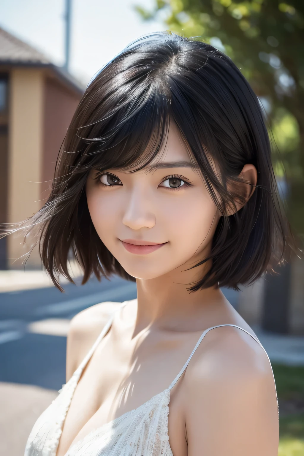 , Long blown by the wind [Blue-black:.3] hair,View Viewer,smile, (masterpiece:1.3), (8k, Realistic, RAW Photos, highest quality: 1.4), Japanese, (One girl), Beautiful Face, (Realistic Face), (black hair, short hair:1.3), beautiful hairstyle, Realistic eyes, Beautiful fine details, (Realistic Skin), Beautiful Skin, Charm, Ultra-high resolution, Ultra-realistic, Very detailed, Golden Ratio,