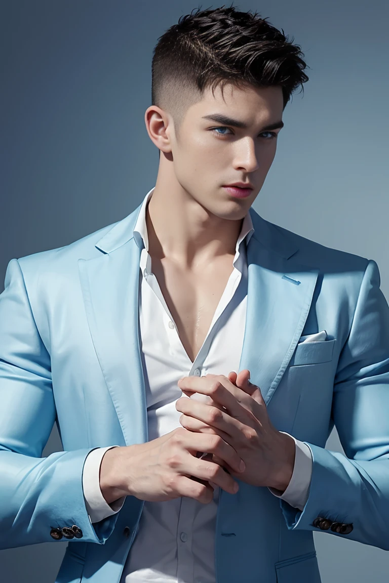 Ultra wide angle,((masterpiece)),((best quality)),8K,High Detail,Very detailed, 2 handsome muscular boys,Very manly,blue eyes,Stylish short hair,Vivid male image, fashion pose, masculine expression,Real skin texture, ((Perfect hand details)),(Real and complete hand details),Light,
Royal blue style couple,White male model photos