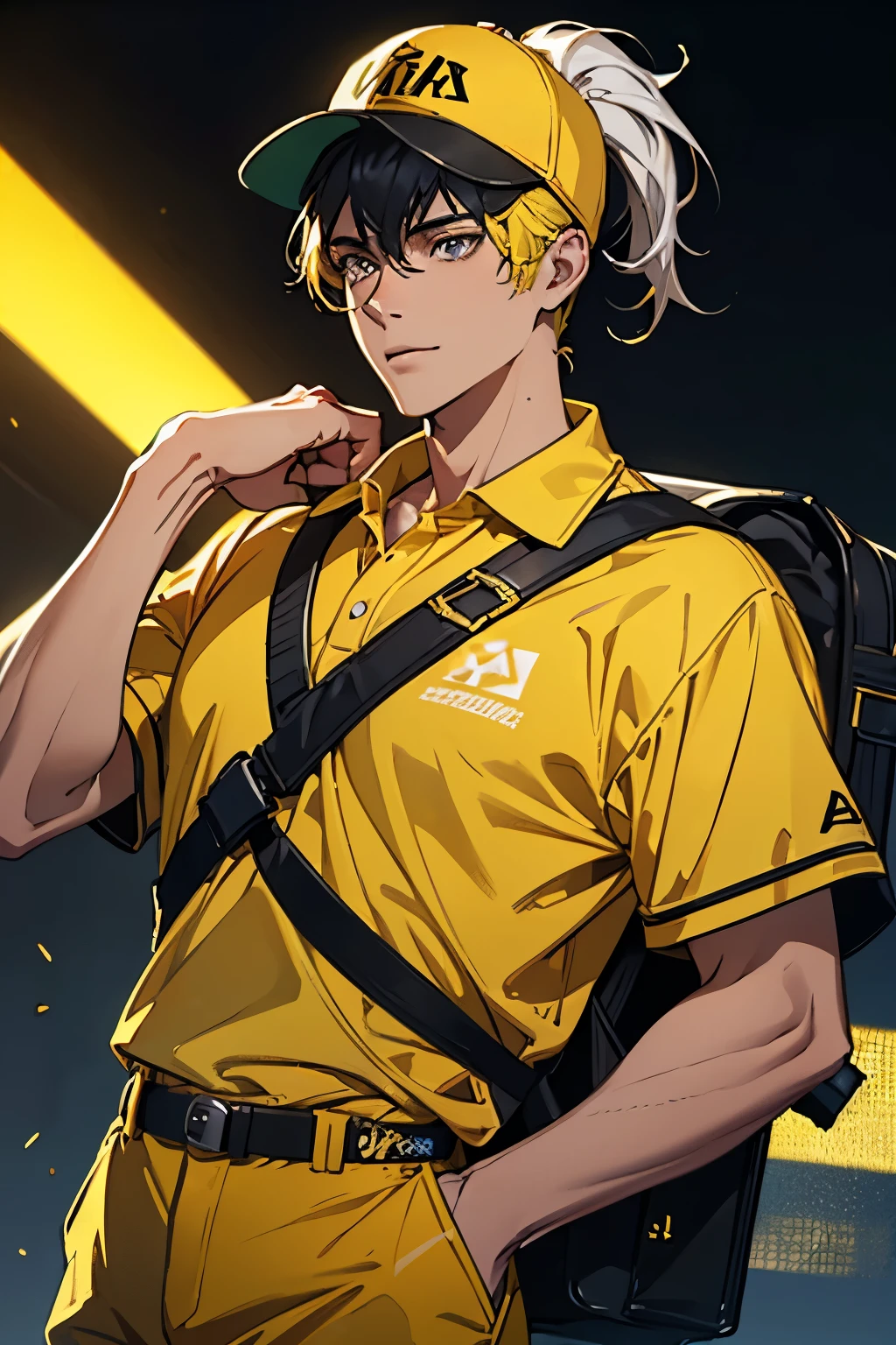 a cheerful young man, 20 years old, delivery man, yellow ponytail, yellow polo shirt, yellow pants, yellow baseball cap, black delivery backpack, highly detailed, photorealistic, 8k, hyperrealistic, cinematic lighting, vibrant colors, dynamic pose, expressive face, character design