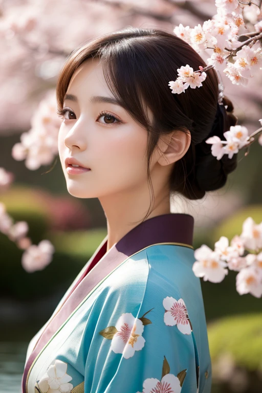 Beautiful, elegant young Japanese woman, 1 Girl, beautiful detailed eyes, beautiful detailed lips, extremely detailed face and facial features, long eyelashes, wearing Beautiful kimono, standing in a traditional Japanese garden with cherry blossom trees, daylight, (Best quality, 4K, 8K, a high resolution, masterpiece:1.2), ultra detailed, (realistic, photorealistic, photo-realistic:1.37), complex parts, cinematic lighting, warm color tones, bright colors, gentle, elegant, serene, elegant, beautiful japanese art style