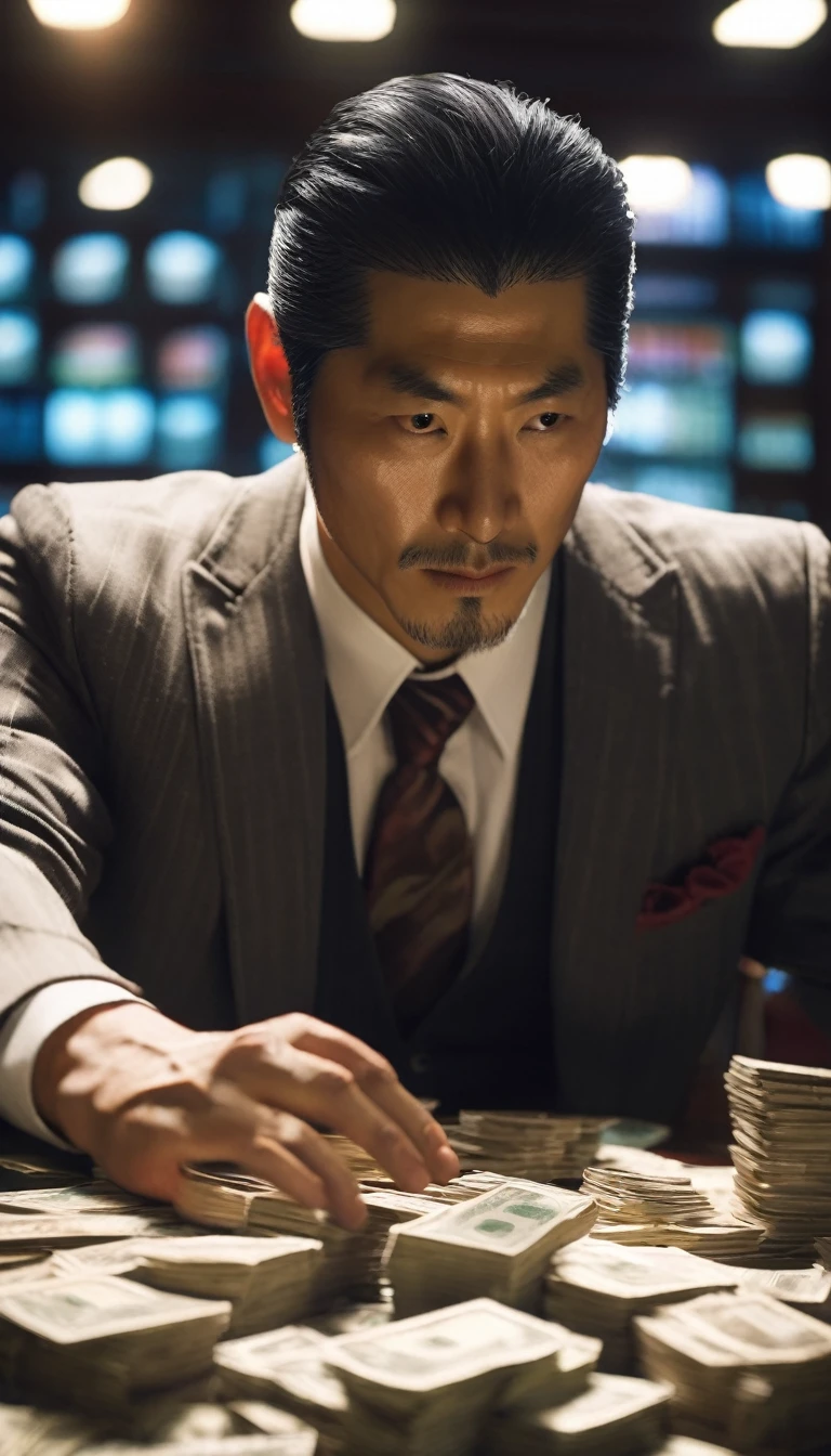 A Yakuza member counting stacks of yen, representing their economic influence, detailed face, detailed face expressions, natural face expressions, face in detail, asymmetrical faced, fair and smooth skin, detailed hands, detailed fingers, masterpiece, cinematic lighting, physically based rendering, lens flare, award winning rendering, perfect rendering detail, 8K, realism, detailed background, everything in detail, cinematic shot, dynamic lighting, 75mm, Technicolor, Panavision, cinemascope, fine details, 8k, HDR, realism, realistic, key visual, film still, superb cinematic color grading, depth of field,