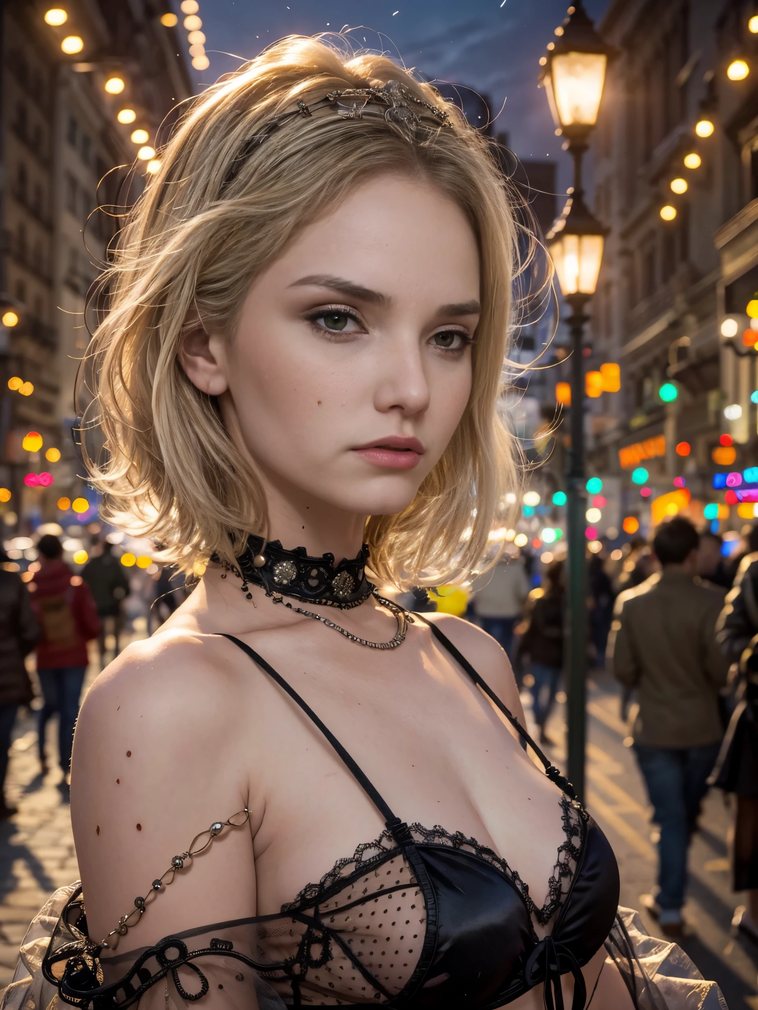 masterpiece, best quality, miranda, (halfbody shot,street lamps,moon),Masterpiece, 1girl, solo exhibition, beautiful woman on the bustling street, surrounded by hawkers, beautiful goddess girl portrait, beautiful and detailed face, porcelain skin, (((bust shot, center, night, short hair)), super soft lighting, symmetry, complexity, elegance, high detail, realism, art, concept art, jenya.d