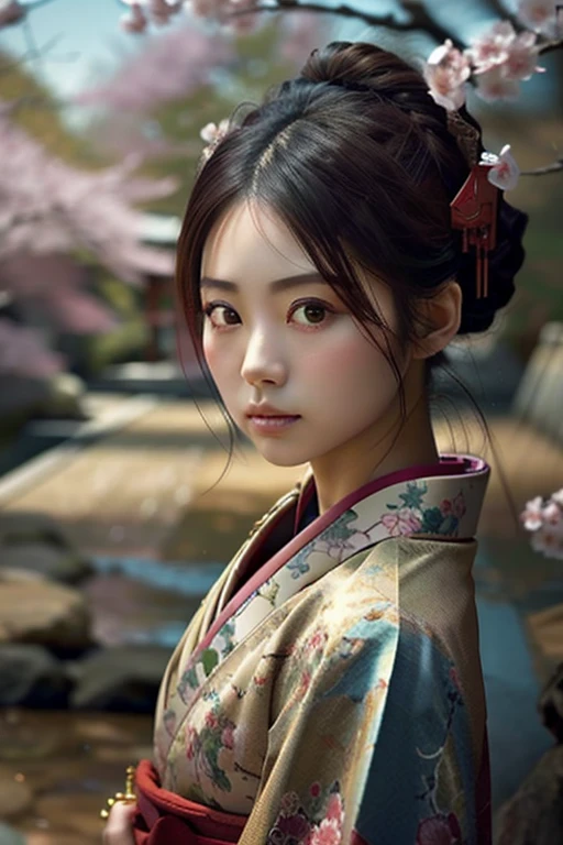 Beautiful, elegant young Japanese woman, 1 Girl, beautiful detailed eyes, beautiful detailed lips, extremely detailed face and facial features, long eyelashes, wearing Beautiful kimono, standing in a traditional Japanese garden with cherry blossom trees, daylight, (Best quality, 4K, 8K, a high resolution, masterpiece:1.2), ultra detailed, (realistic, photorealistic, photo-realistic:1.37), complex parts, cinematic lighting, warm color tones, bright colors, gentle, elegant, serene, elegant, beautiful japanese art style