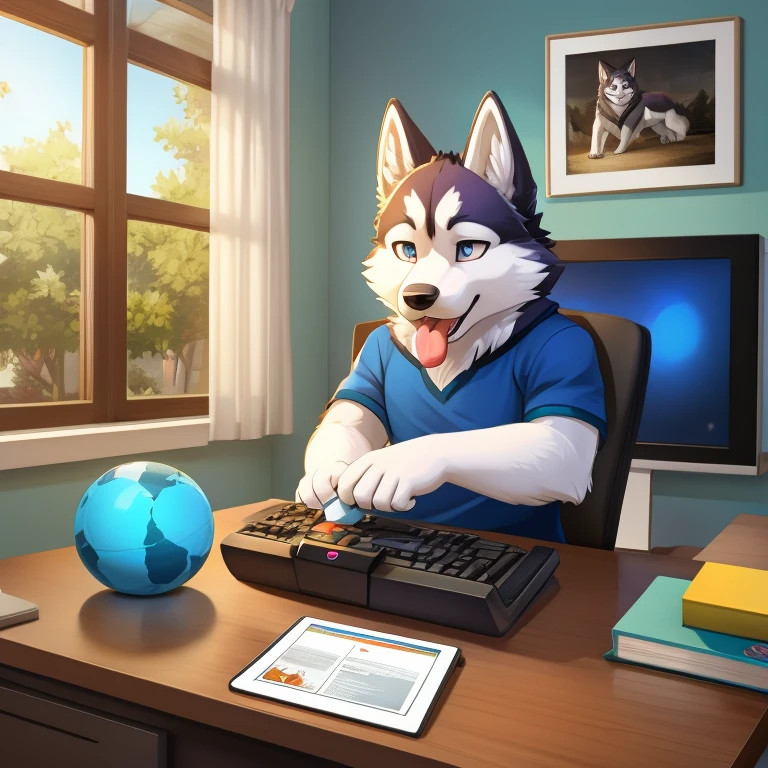 Husky playing games on desktop,,Tongue like Einstein's tongue
