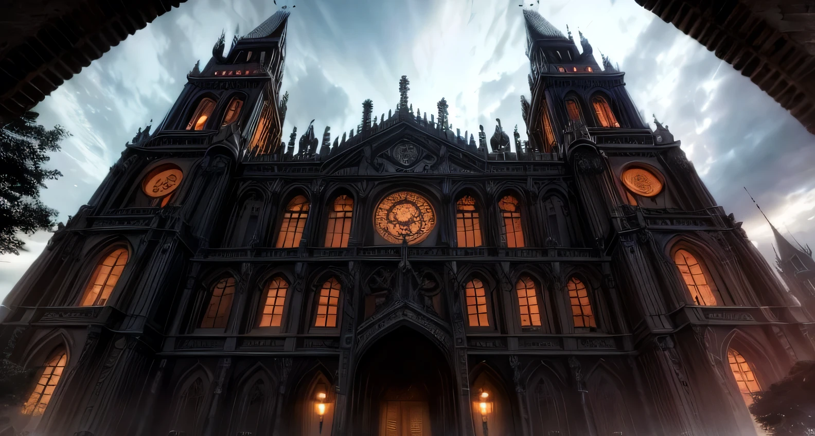 (masterpiece, high quality, award-winning, 8k, amazing detail), medieval castle, centered symmetrical shot, from below, dark cloudy sky, tall towers, elegant architecture, medieval walls, evil-like vibe, evil castle, beautiful garden, red roses, white lilies, amazing architecture, black color palette, royalty, strictly black material, lake, pitch black material old, dark, no lighting, vampire vibes