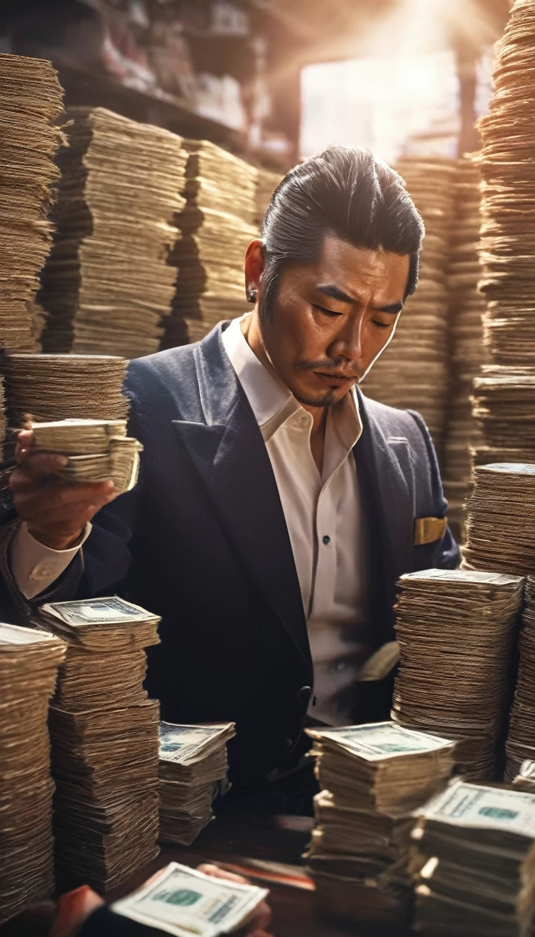 A Yakuza member counting stacks of yen, representing their economic influence, detailed face, detailed face expressions, natural face expressions, face in detail, asymmetrical faced, fair and smooth skin, detailed hands, detailed fingers, masterpiece, cinematic lighting, physically based rendering, lens flare, award winning rendering, perfect rendering detail, 8K, realism, detailed background, everything in detail, cinematic shot, dynamic lighting, 75mm, Technicolor, Panavision, cinemascope, fine details, 8k, HDR, realism, realistic, key visual, film still, superb cinematic color grading, depth of field,