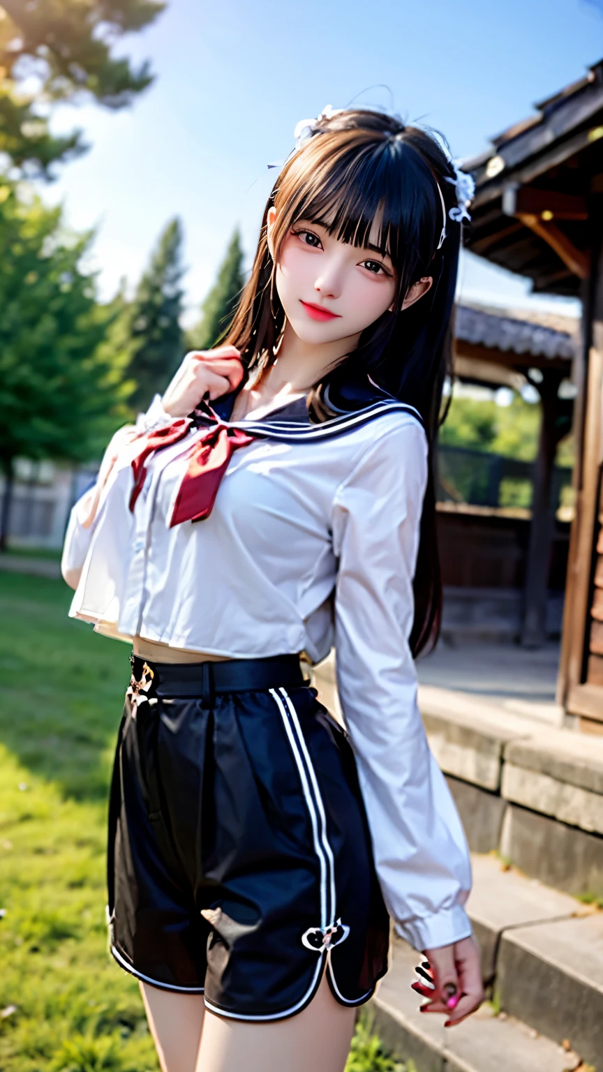 （Very delicate and beautiful：1.2）super model,,Big Breasts,Beautiful breasts,voluptuous,【bike shorts】,,【3girls】,,highest quality, High resolution, 8K,Sailor suit,Kick in a hurry