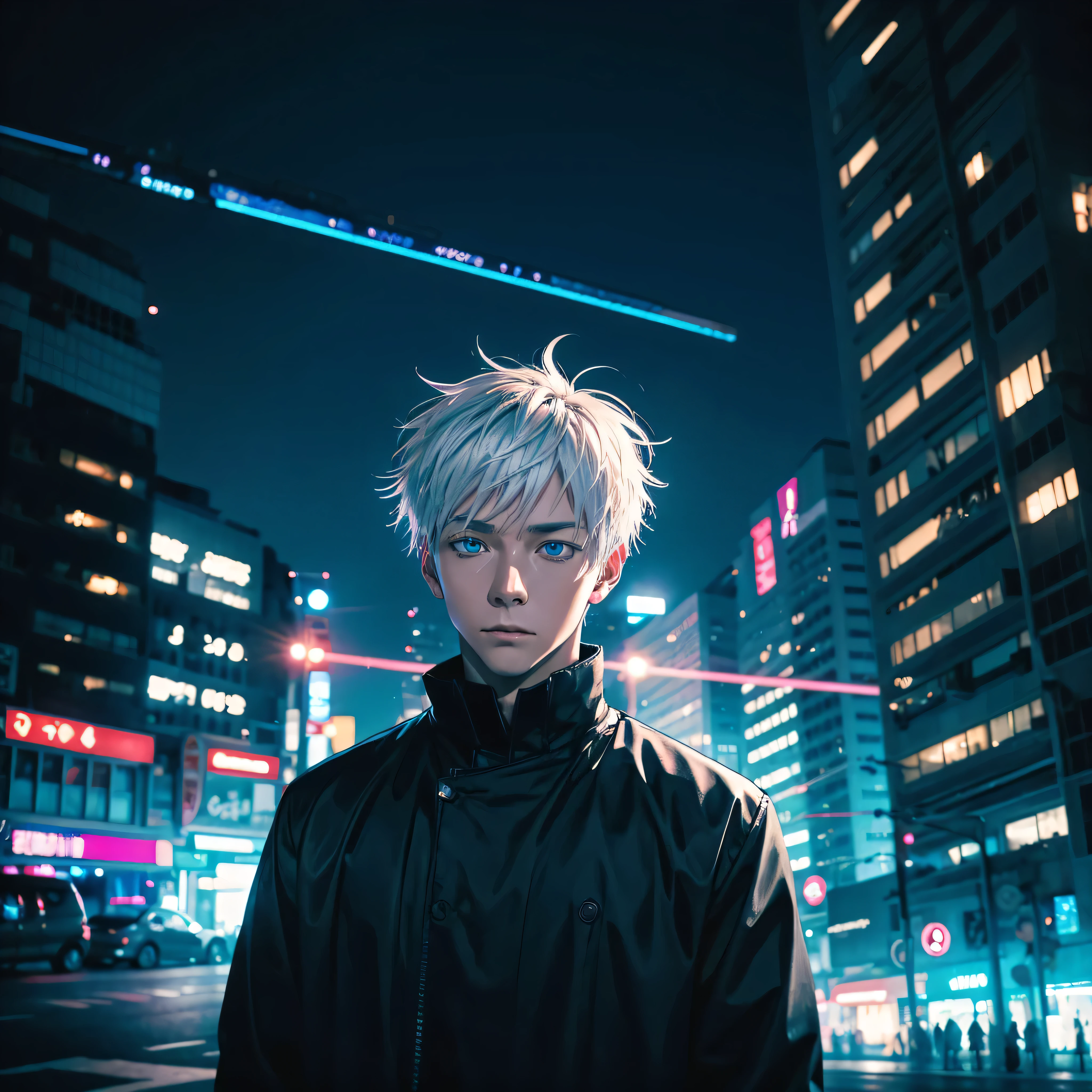 /imagine prompt: A portrait of Gojo Satoru, standing confidently, white hair flowing, blue eyes glowing, straight-on view. Background of a modern urban landscape at night. Neon lights reflecting off buildings, shadows enhancing his features, dramatic lighting, high contrast, hd quality, anime style, detailed line work, soft shading, dynamic lighting, vibrant colors, cinematic composition, --ar 2:3 --v 6.0