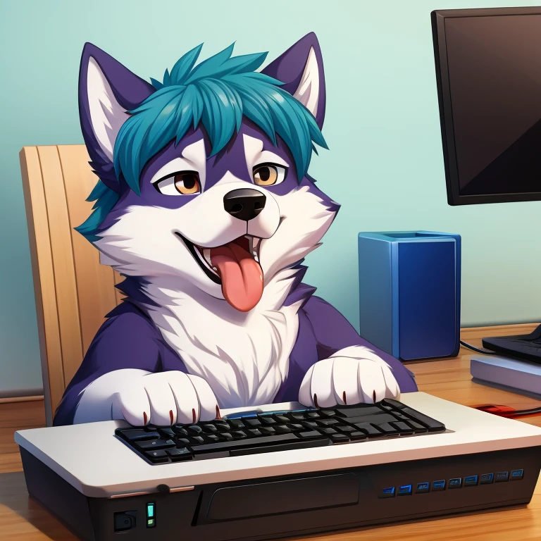 Husky playing games on desktop，，Tongue like Einstein&#39;s tongue，Funny