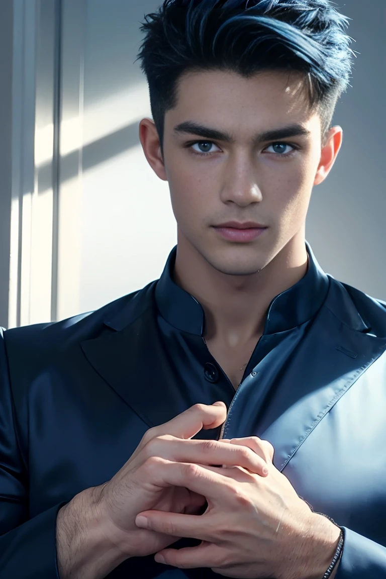 Ultra wide angle,((masterpiece)),((best quality)),8K,High Detail,Very detailed, 2 handsome muscular boys,Very manly,blue eyes,Stylish short hair,Vivid male image, fashion pose, masculine expression,Real skin texture, ((Perfect hand details)),(Real and complete hand details),Light,
Royal blue style couple,White male model photos
