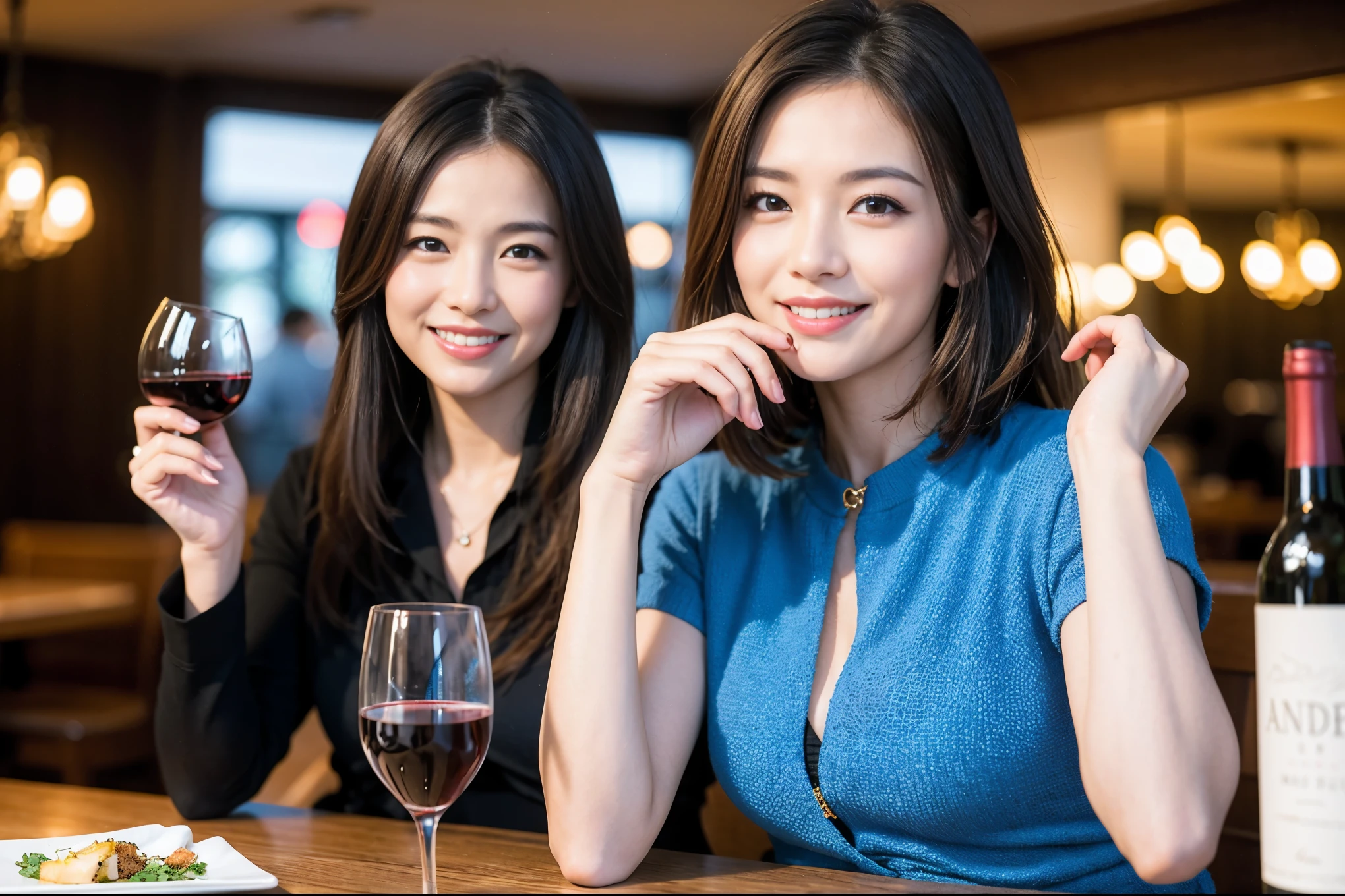 ((highest quality、8k、masterpiece:1.3))、One male lover、1 female、石原さとみ似Couple、model、Spouse、Couple、The body is slim、((Bob Hale、Straight hair:1.2)), (Realistic, Intricate details:1.2), テーブルの上のwine glass、Shine light on your face、 Amazing view of the sunset sky and clouds、Amazing mountain views、A bright smile、The wonderfulness of smile、Bright image、The beauty of wine, Beautiful Face, blue eyes, The light shines on your face, Blushing, short hair,Bright Face、 (Age 37), 39 years old, red wine 、Appetizers、Italian food、Wine bottle、Champagne、sparkling wine、Two beauties、Brown Hair、Shortcuts、Long sleeve shirt、dress、Pretty Woman 1, (slimな顔), (The body is slim), (Brown Hair), (Shortcuts), cheeks turn a little red,Attractive beauty、restaurant, In a prominent place (From the waist up) Nova Frog Style, actress, model, Upper Body, White wine, slim, wine glass, 中央に置かれたwine glass, smile, (smile: 1.15), Beautiful fine grain, Depth f/2,saturation, High Contrast, Strong light and shadow,Moist Body:1.5、3D texture、Delicate eyes、Brown Hair、The hair is very shiny、