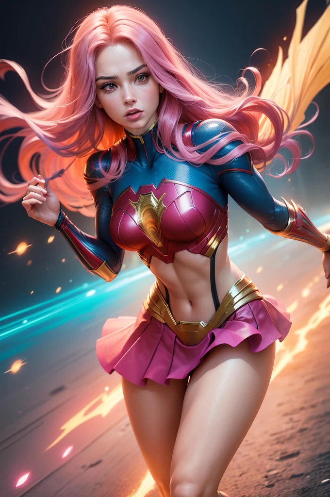 (melhor qualidade,ultra-detalhado:1.2),bela jovem sexy,Full kissable lips,long flowing pink hair,(realista:1.37),(Quadrinhos da Marvel:1.1),(DC Comics:1.1),(Phoenix Supergirl fusão),seios saltando,cores vivas,retrato,Super heroi,vibrant lighting,estilo de quadrinhos